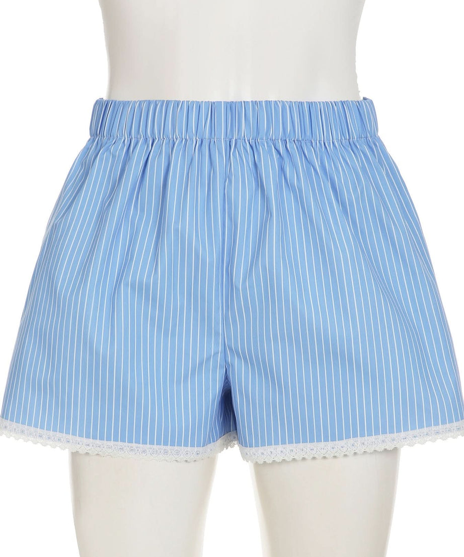 Effortless Blue & White Striped Lounge Shorts with Delicate Lace Hem – Your Cozy Fall Essential