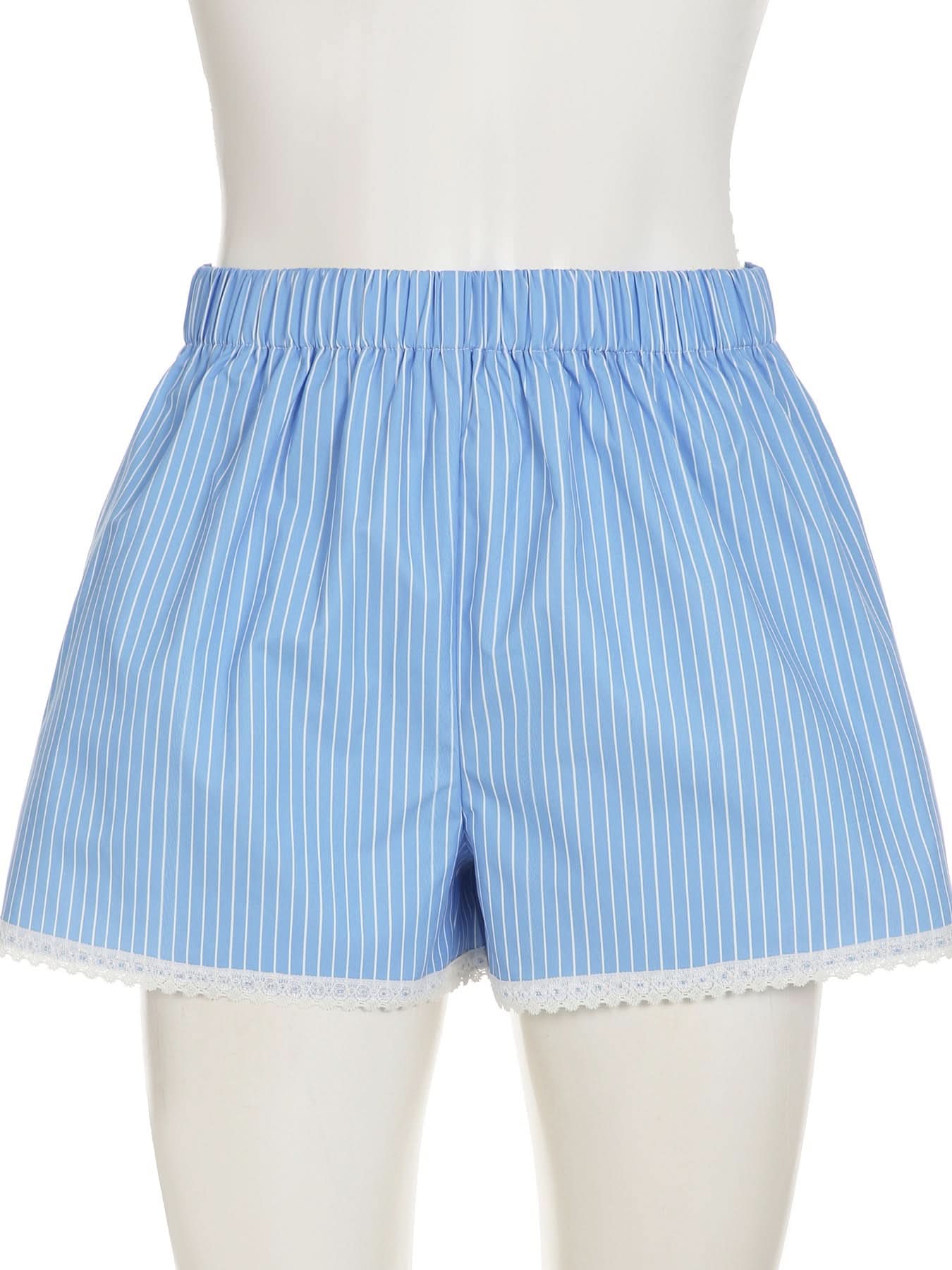 Effortless Blue & White Striped Lounge Shorts with Delicate Lace Hem – Your Cozy Fall Essential