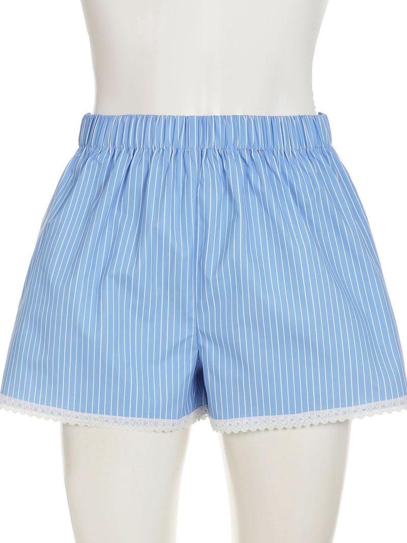 Effortless Blue & White Striped Lounge Shorts with Delicate Lace Hem – Your Cozy Fall Essential