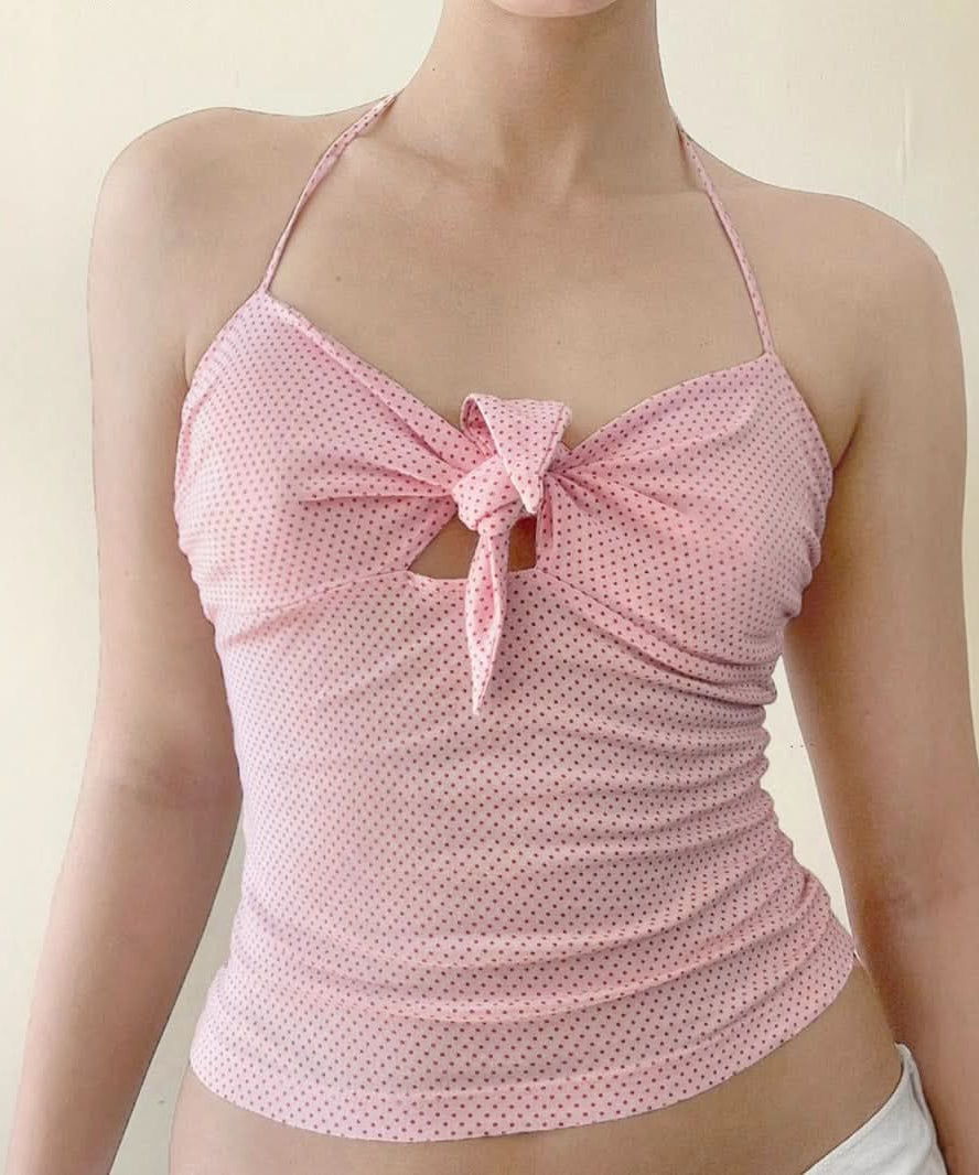 Effortless Chic: Y2K Pink Polka Dot Halter Crop Top with Tie Front & Cutout | Soft Knit Tank for Fall Styling