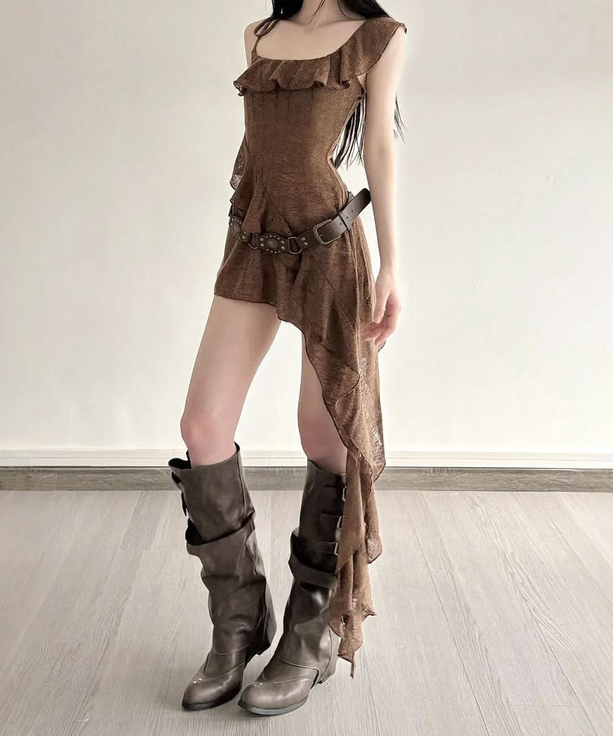 Effortless Fall Style: Asymmetrical Ruffle Mini Dress in Chic Mocha