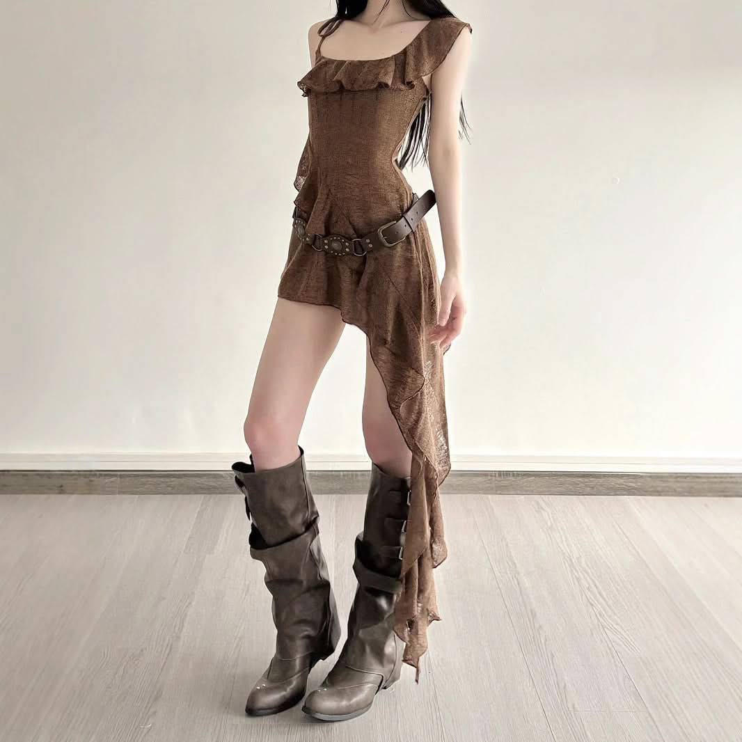 Effortless Fall Style: Asymmetrical Ruffle Mini Dress in Chic Mocha