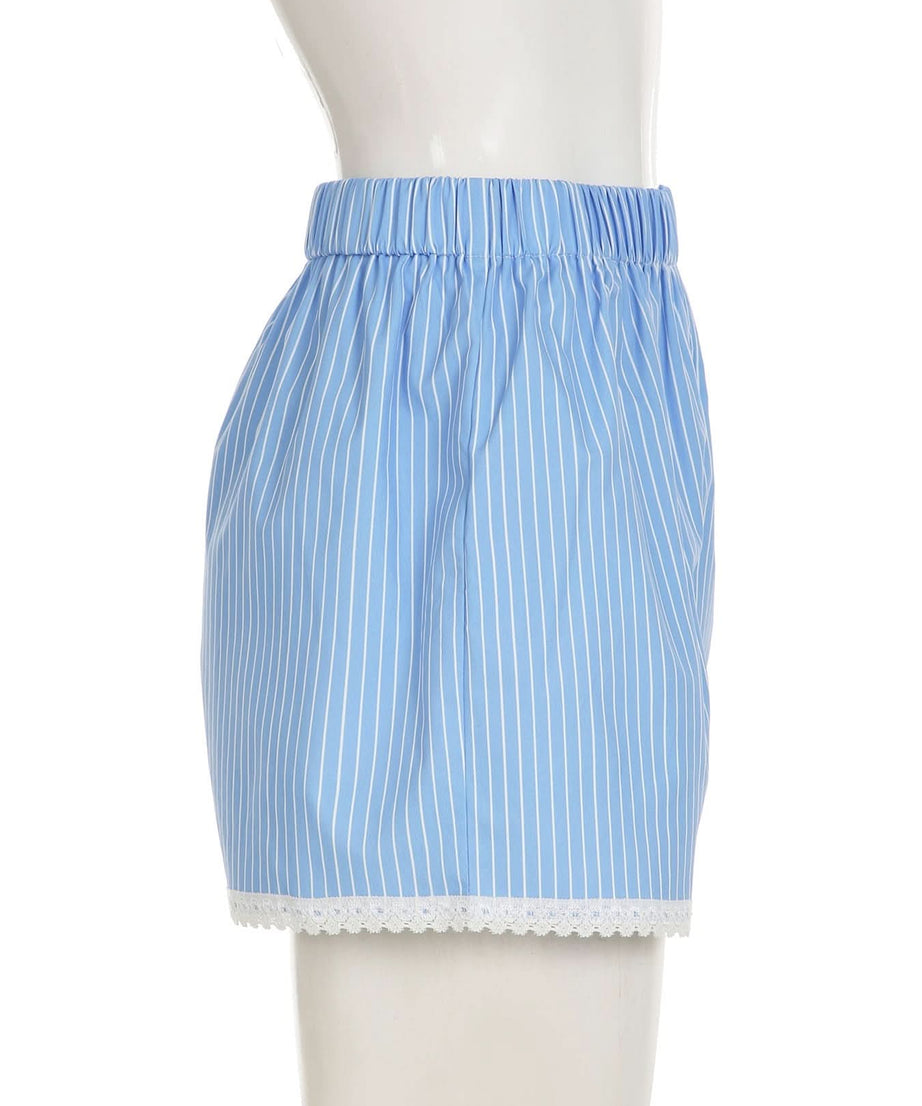 Effortless Blue & White Striped Lounge Shorts with Delicate Lace Hem – Your Cozy Fall Essential