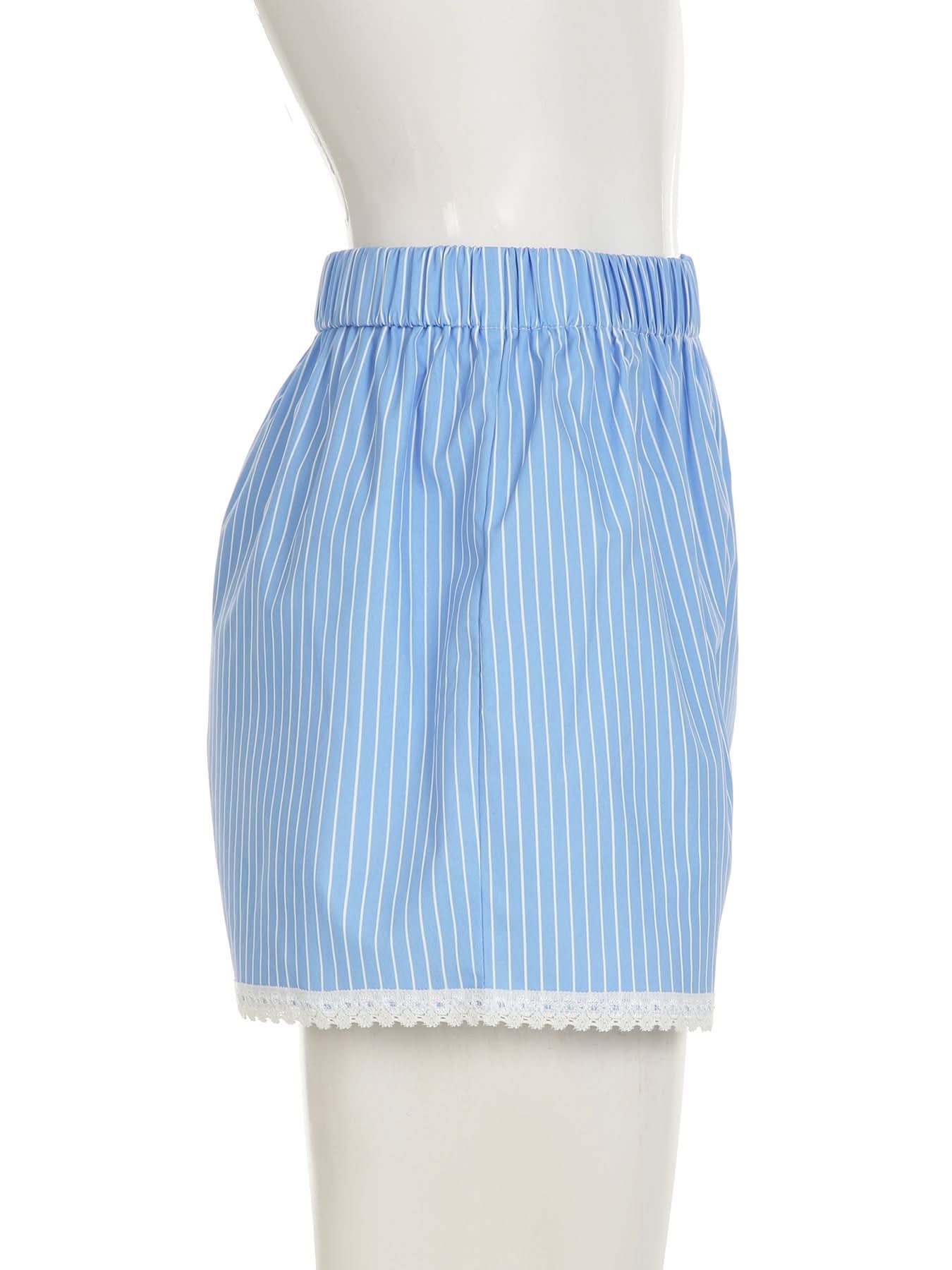 Effortless Blue & White Striped Lounge Shorts with Delicate Lace Hem – Your Cozy Fall Essential