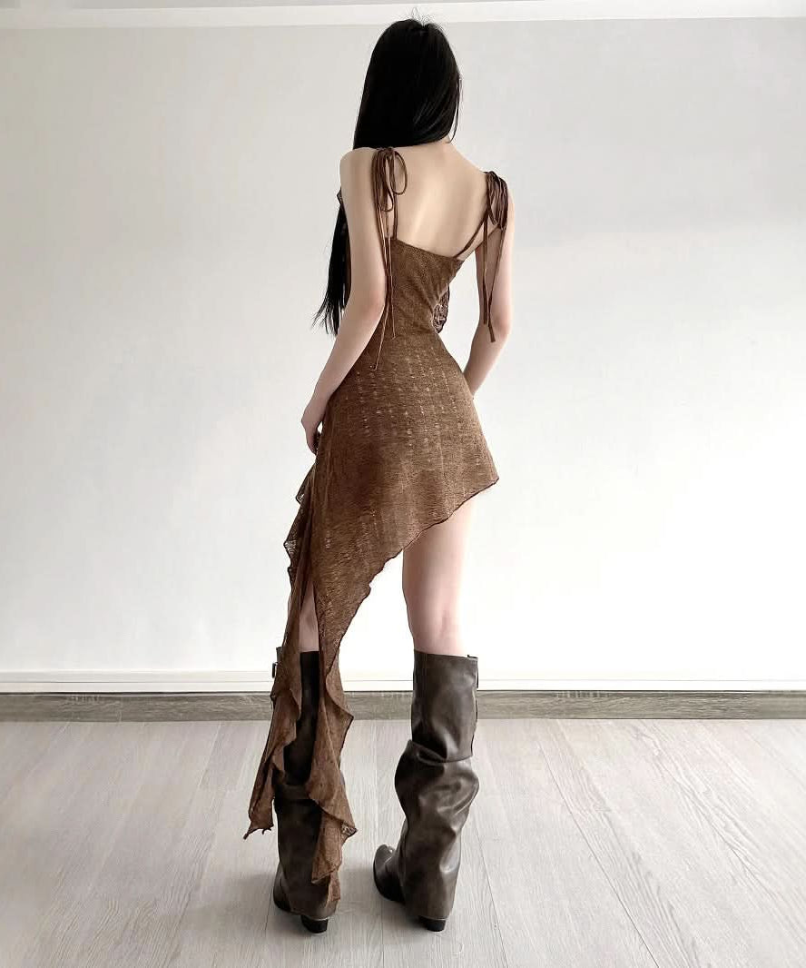 Effortless Fall Style: Asymmetrical Ruffle Mini Dress in Chic Mocha