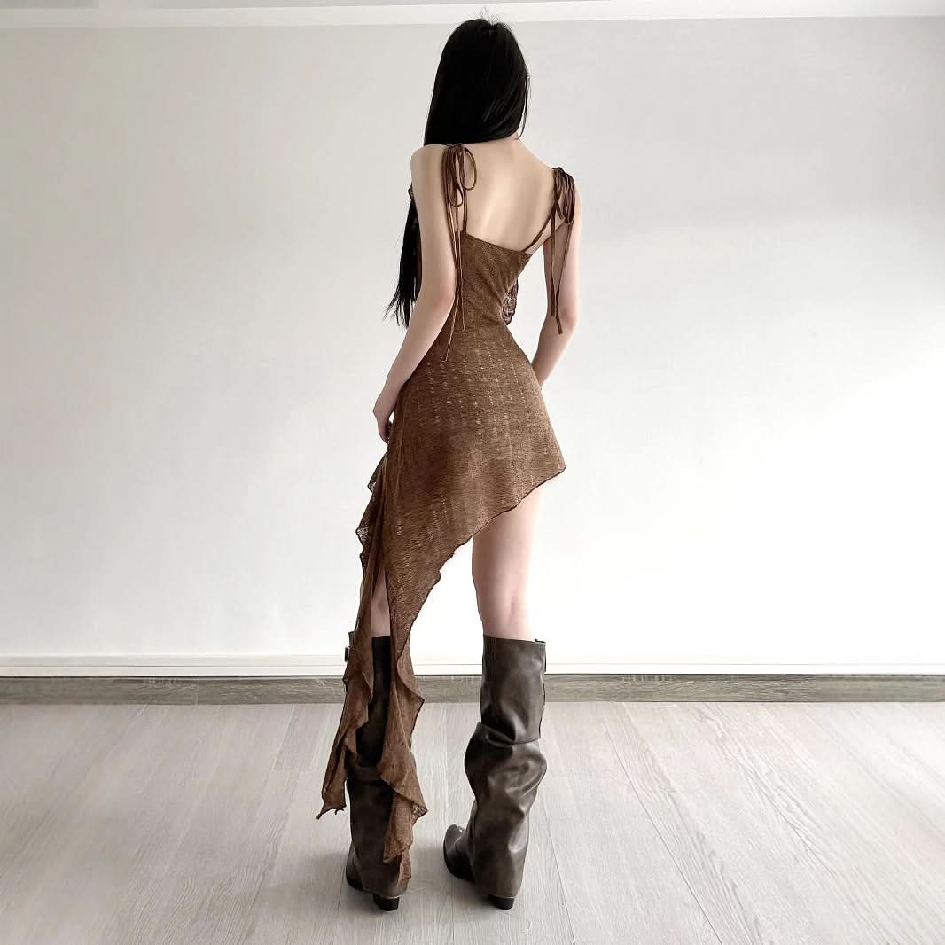 Effortless Fall Style: Asymmetrical Ruffle Mini Dress in Chic Mocha