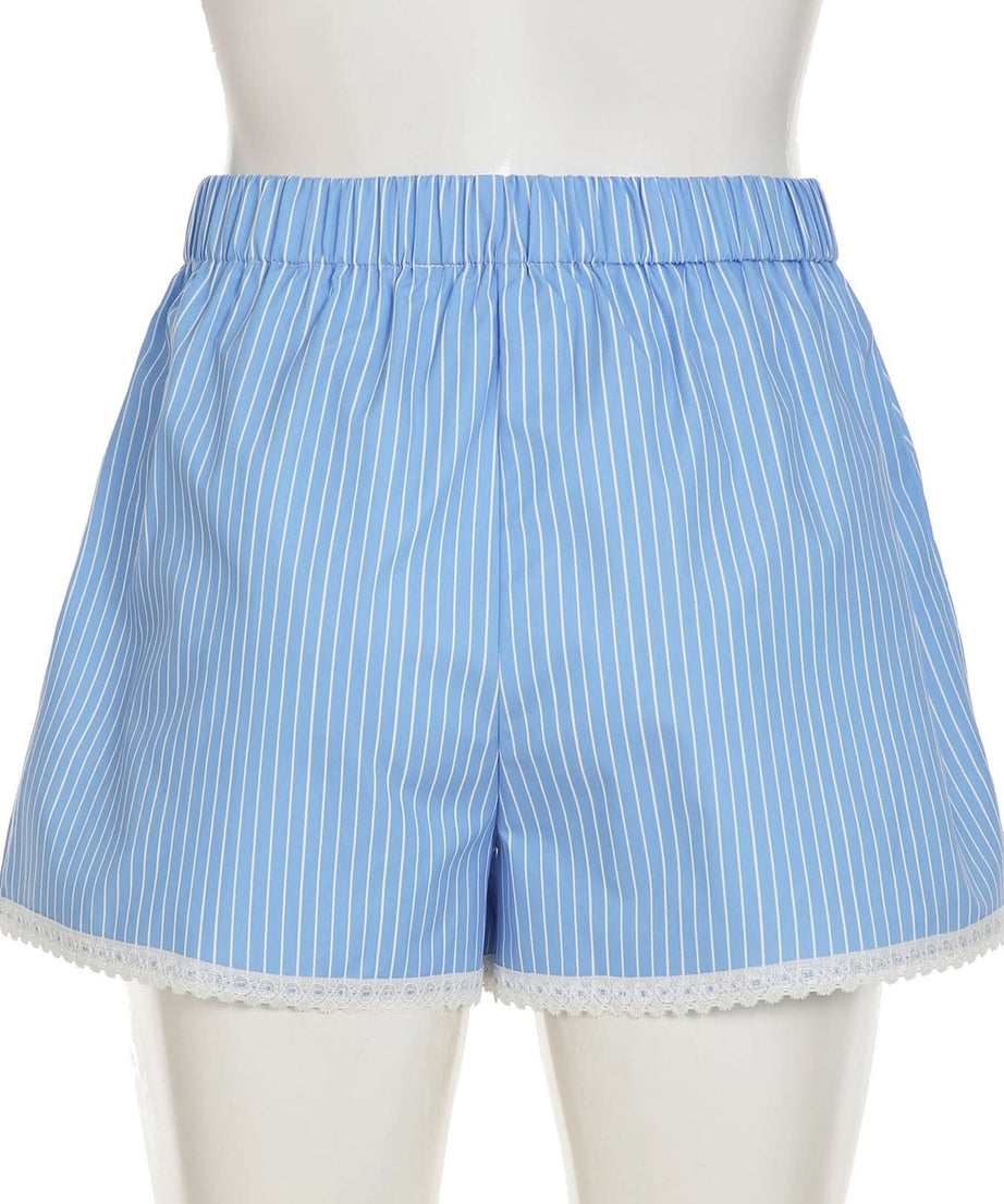 Effortless Blue & White Striped Lounge Shorts with Delicate Lace Hem – Your Cozy Fall Essential