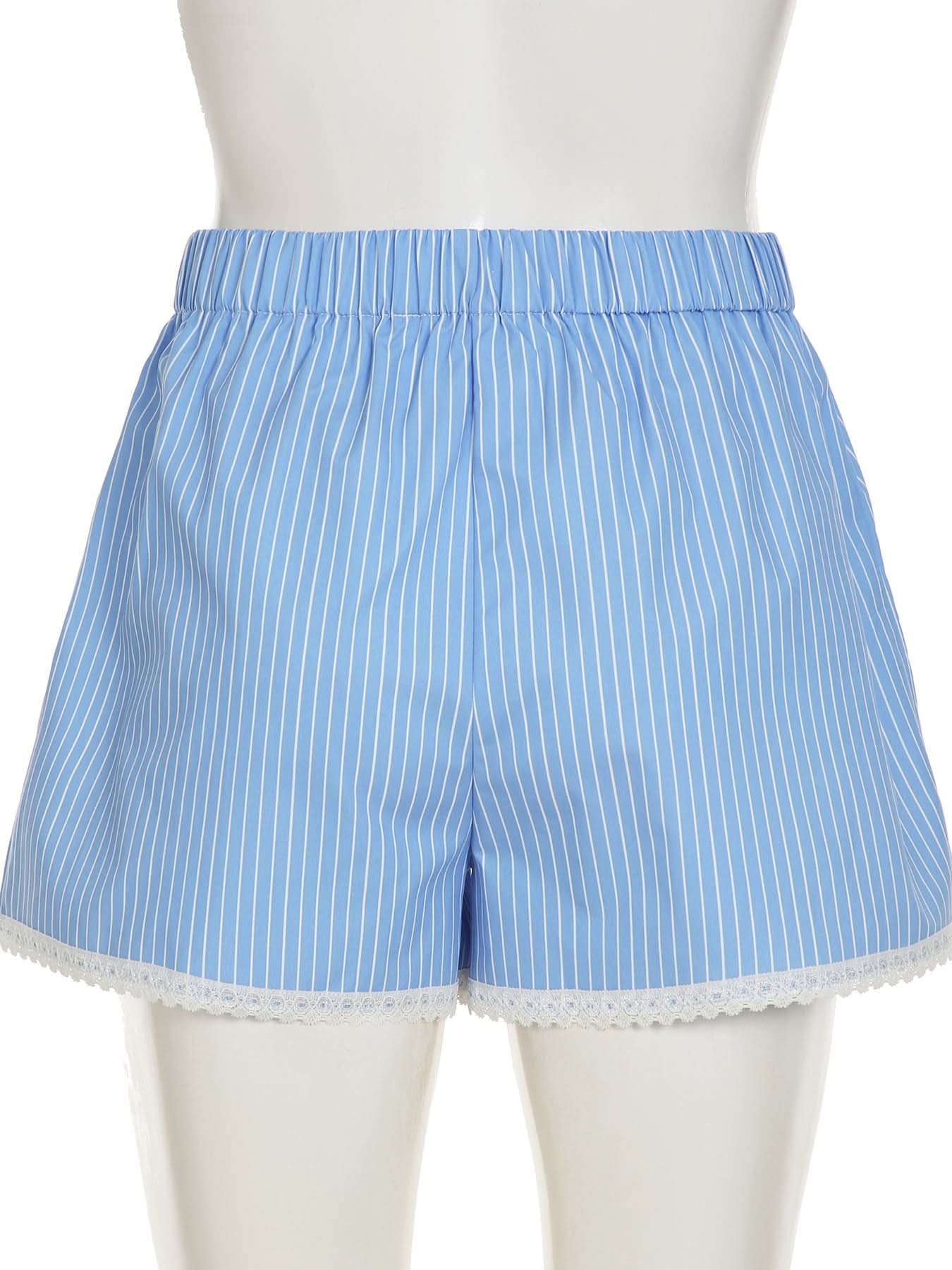 Effortless Blue & White Striped Lounge Shorts with Delicate Lace Hem – Your Cozy Fall Essential