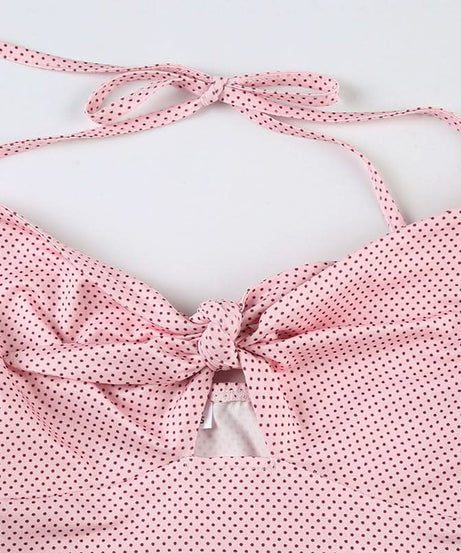 Effortless Chic: Y2K Pink Polka Dot Halter Crop Top with Tie Front & Cutout | Soft Knit Tank for Fall Styling
