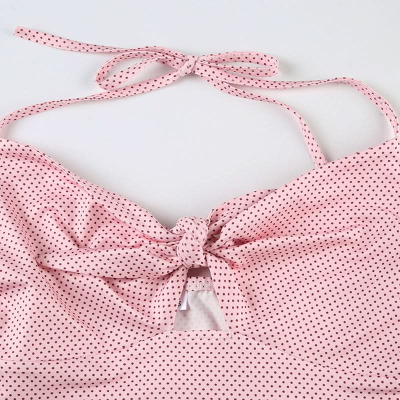 Effortless Chic: Y2K Pink Polka Dot Halter Crop Top with Tie Front & Cutout | Soft Knit Tank for Fall Styling