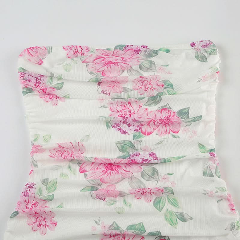 Autumn Bloom Strapless Maxi Dress - Chic Pink Floral Ruched High-Low for Fall Events & Resort Getaways