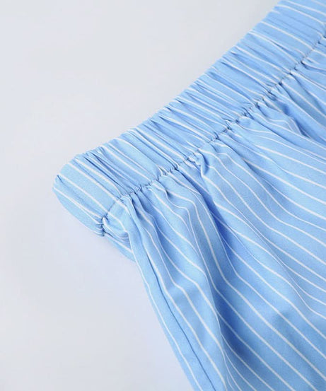 Effortless Blue & White Striped Lounge Shorts with Delicate Lace Hem – Your Cozy Fall Essential