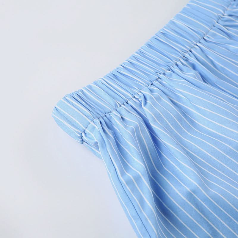 Effortless Blue & White Striped Lounge Shorts with Delicate Lace Hem – Your Cozy Fall Essential