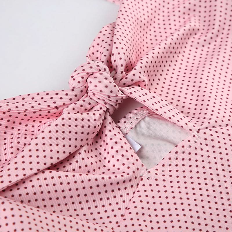 Effortless Chic: Y2K Pink Polka Dot Halter Crop Top with Tie Front & Cutout | Soft Knit Tank for Fall Styling