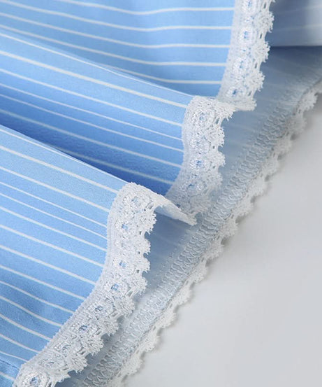 Effortless Blue & White Striped Lounge Shorts with Delicate Lace Hem – Your Cozy Fall Essential