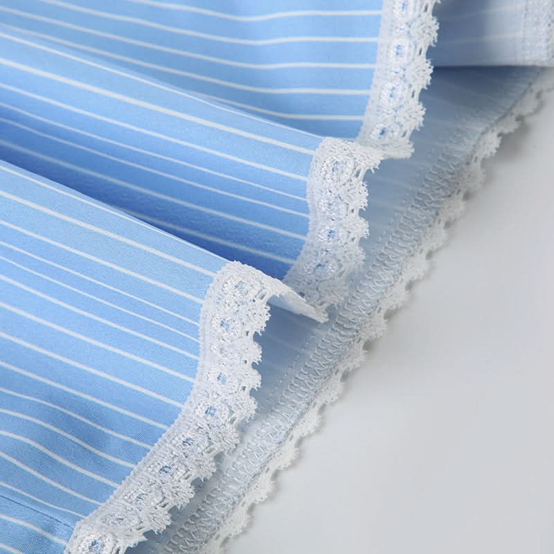 Effortless Blue & White Striped Lounge Shorts with Delicate Lace Hem – Your Cozy Fall Essential