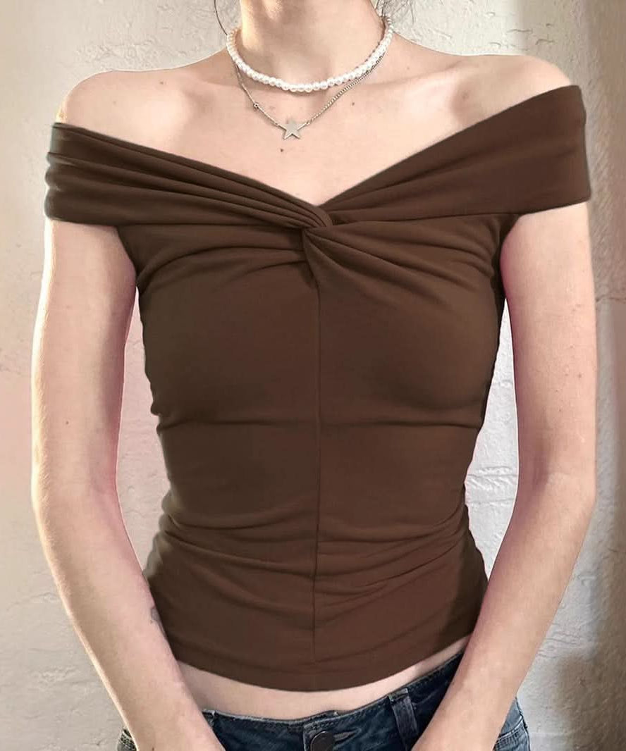 Chic Fall Chocolate Off-Shoulder Top for Women | Ruched & Knotted Detail