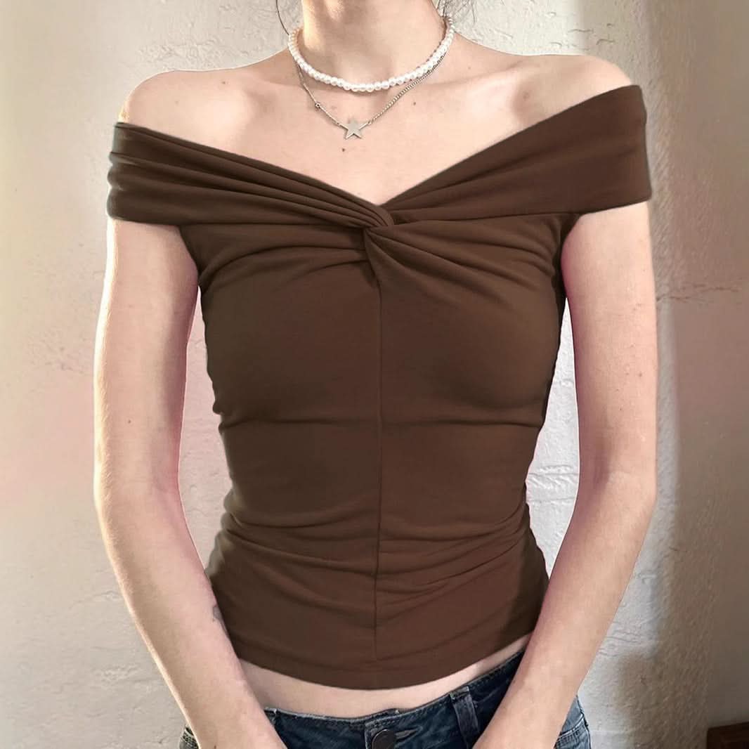 Chic Fall Chocolate Off-Shoulder Top for Women | Ruched & Knotted Detail