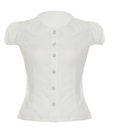 Chic Peter Pan Collar Puff Sleeve Blouse - Elegant White Button-Down for Fall & Beyond