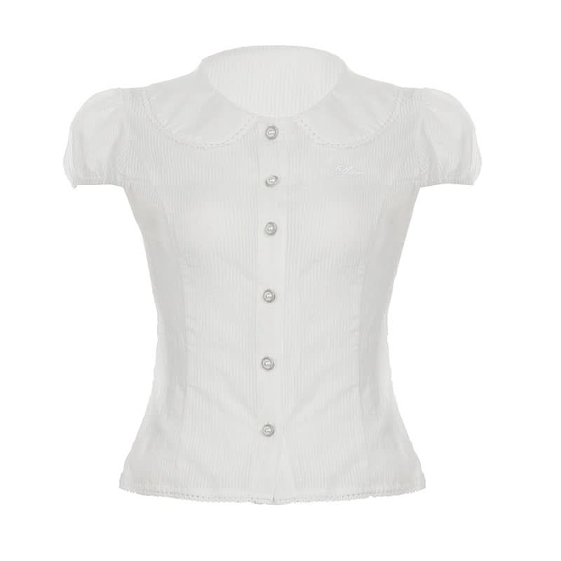 Chic Peter Pan Collar Puff Sleeve Blouse - Elegant White Button-Down for Fall & Beyond