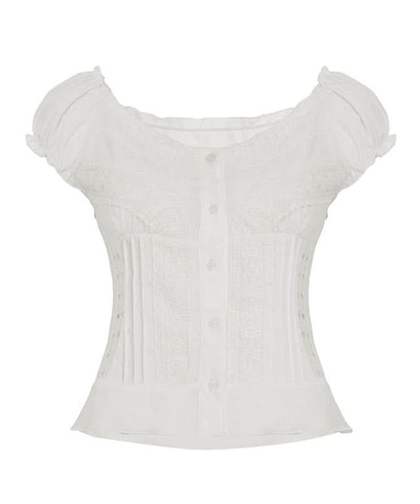 Autumn Dream: Romantic White Lace Puff Sleeve Blouse – Chic Button-Front Top for Fall & Holiday Gatherings