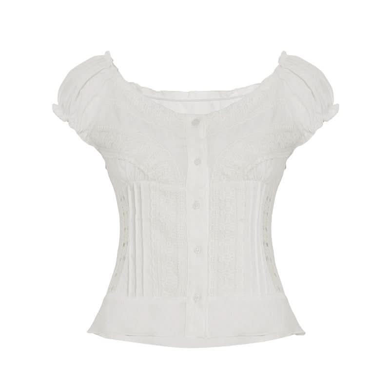 Autumn Dream: Romantic White Lace Puff Sleeve Blouse – Chic Button-Front Top for Fall & Holiday Gatherings