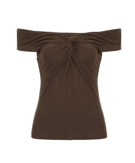 Chic Fall Chocolate Off-Shoulder Top for Women | Ruched & Knotted Detail
