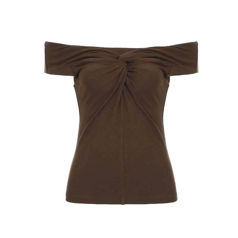 Chic Fall Chocolate Off-Shoulder Top for Women | Ruched & Knotted Detail