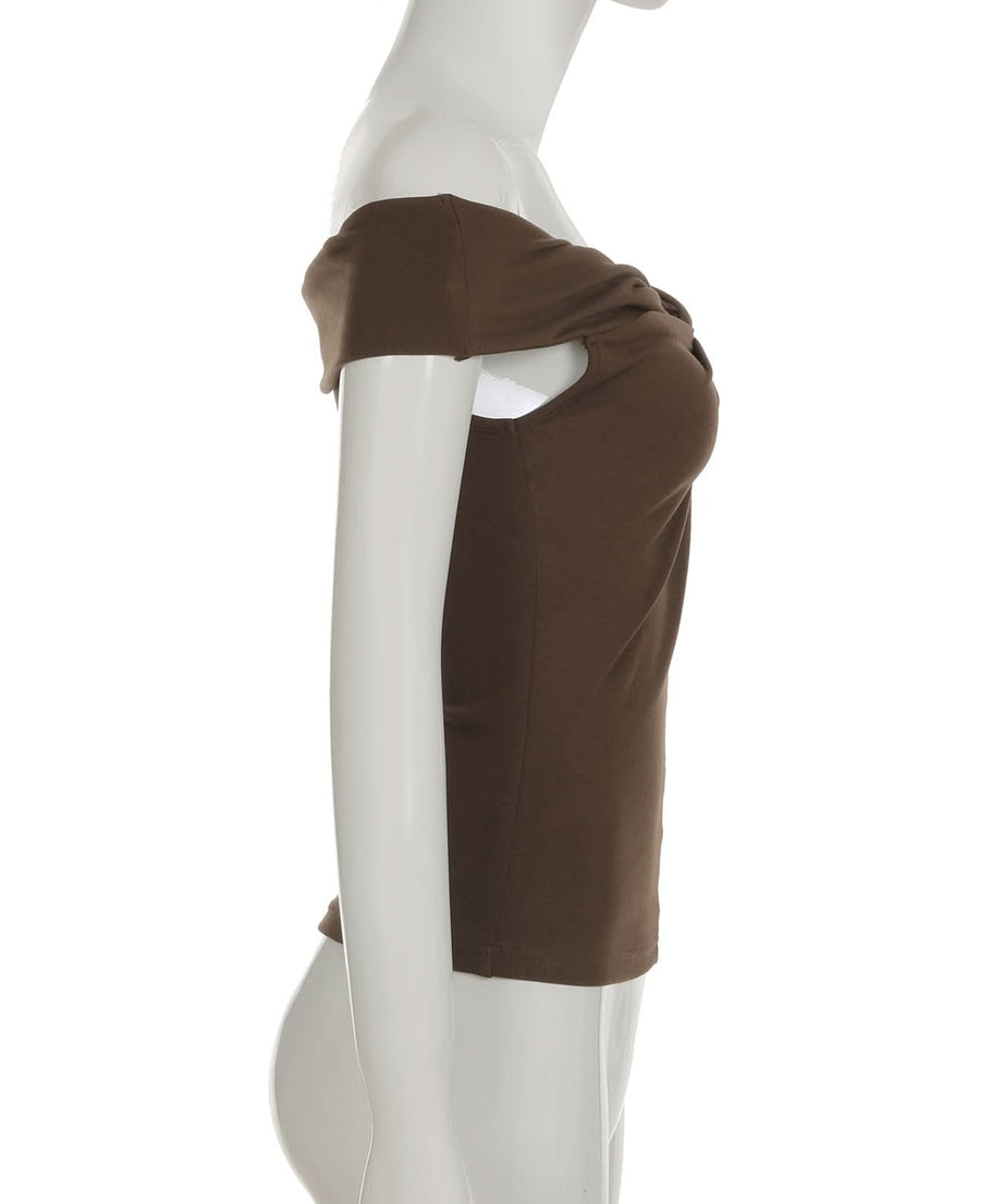 Chic Fall Chocolate Off-Shoulder Top for Women | Ruched & Knotted Detail
