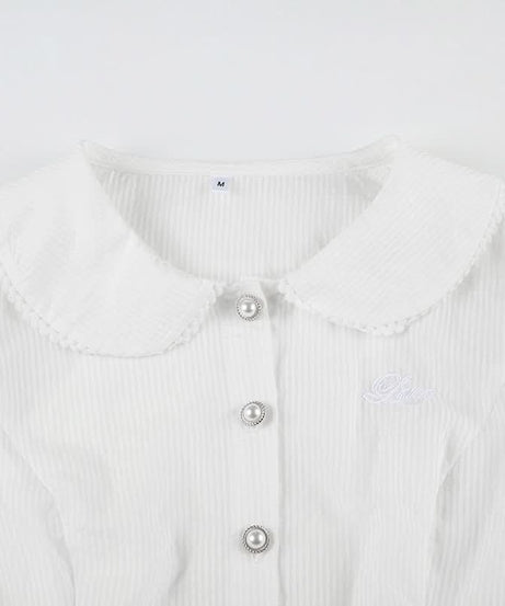 Chic Peter Pan Collar Puff Sleeve Blouse - Elegant White Button-Down for Fall & Beyond