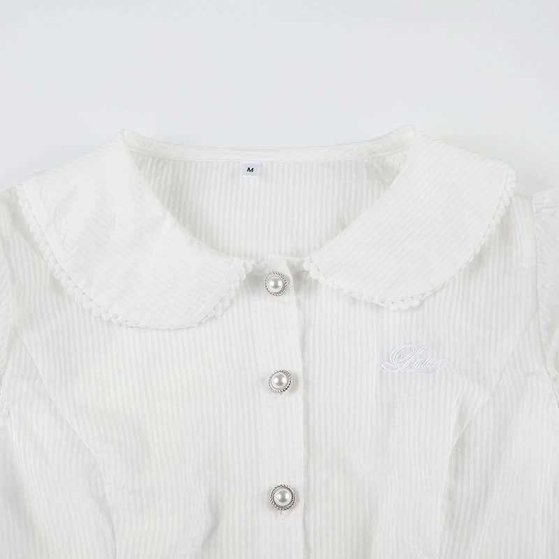 Chic Peter Pan Collar Puff Sleeve Blouse - Elegant White Button-Down for Fall & Beyond