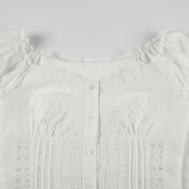 Autumn Dream: Romantic White Lace Puff Sleeve Blouse – Chic Button-Front Top for Fall & Holiday Gatherings