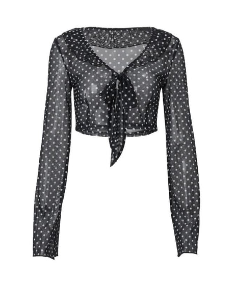 Retro Chic Sheer Polka Dot Tie-Front Crop Top | Women's Long Sleeve Fall Fashion