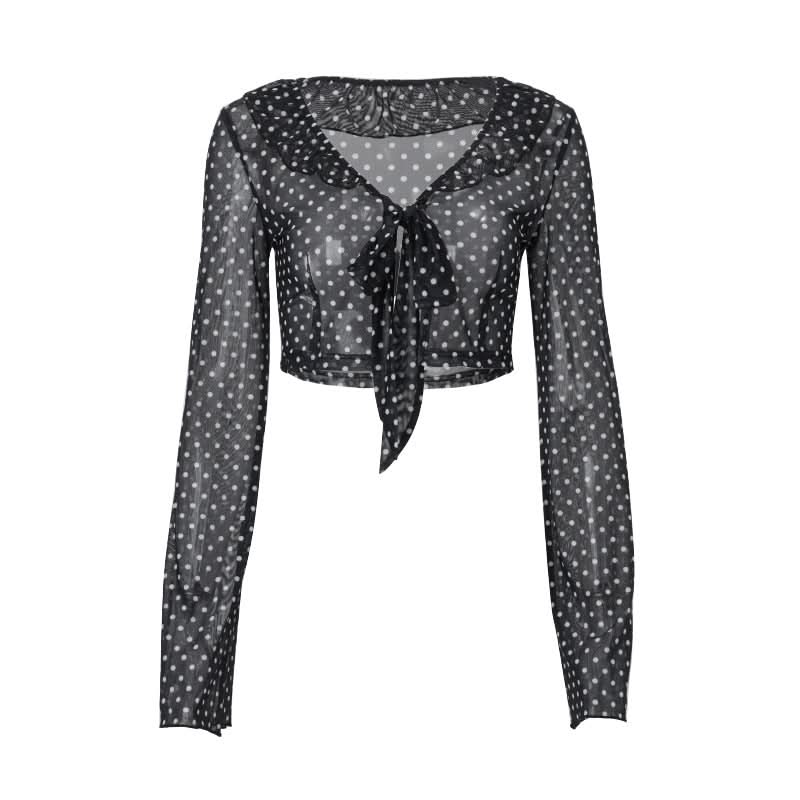 Retro Chic Sheer Polka Dot Tie-Front Crop Top | Women's Long Sleeve Fall Fashion