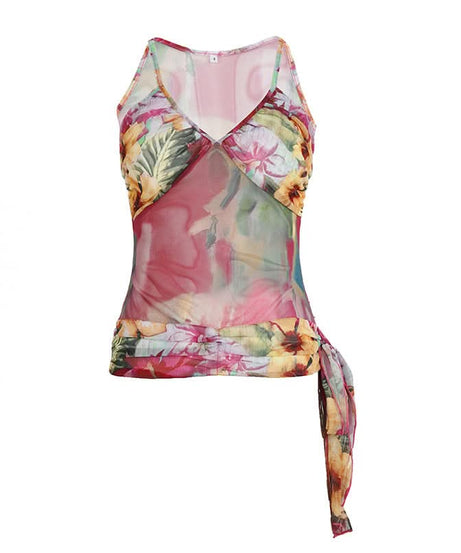 Effortless Fall Chic: Vibrant Floral Mesh Cami Top with Statement Tie