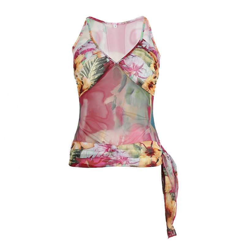 Effortless Fall Chic: Vibrant Floral Mesh Cami Top with Statement Tie