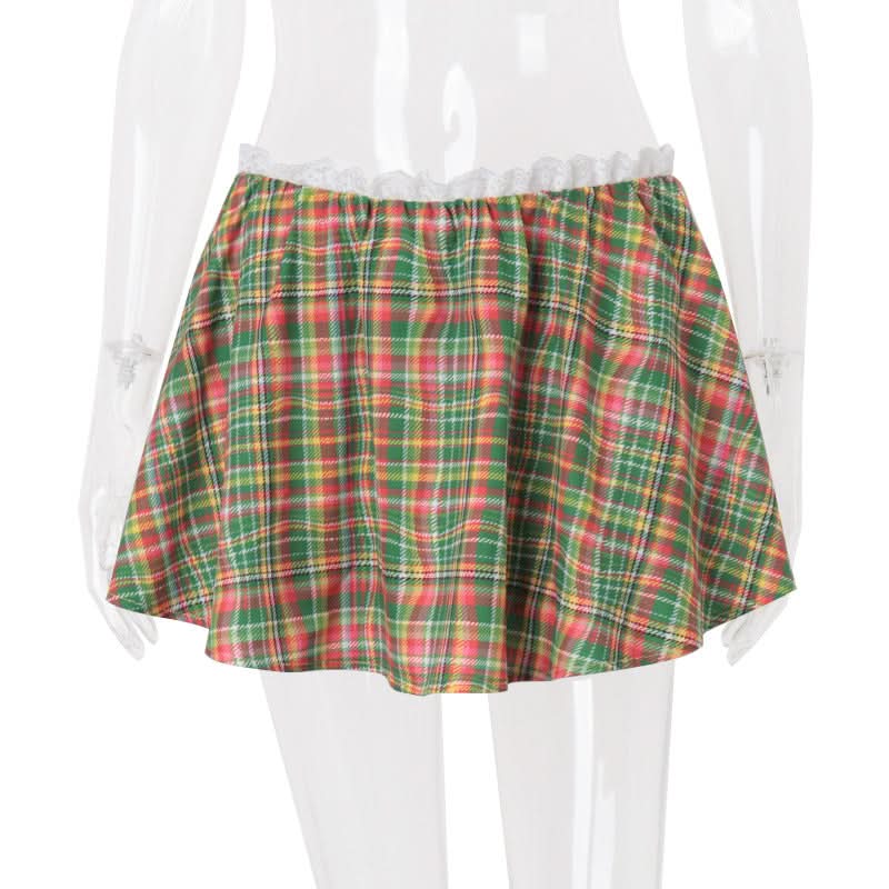 Chic Fall Plaid Mini Skirt with Sweet Lace Ruffle Waist - Festive A-Line Style