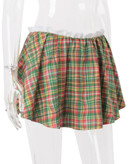 Chic Fall Plaid Mini Skirt with Sweet Lace Ruffle Waist - Festive A-Line Style