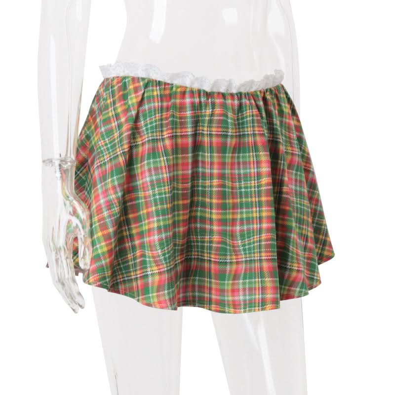 Chic Fall Plaid Mini Skirt with Sweet Lace Ruffle Waist - Festive A-Line Style