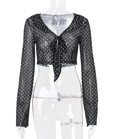 Retro Chic Sheer Polka Dot Tie-Front Crop Top | Women's Long Sleeve Fall Fashion