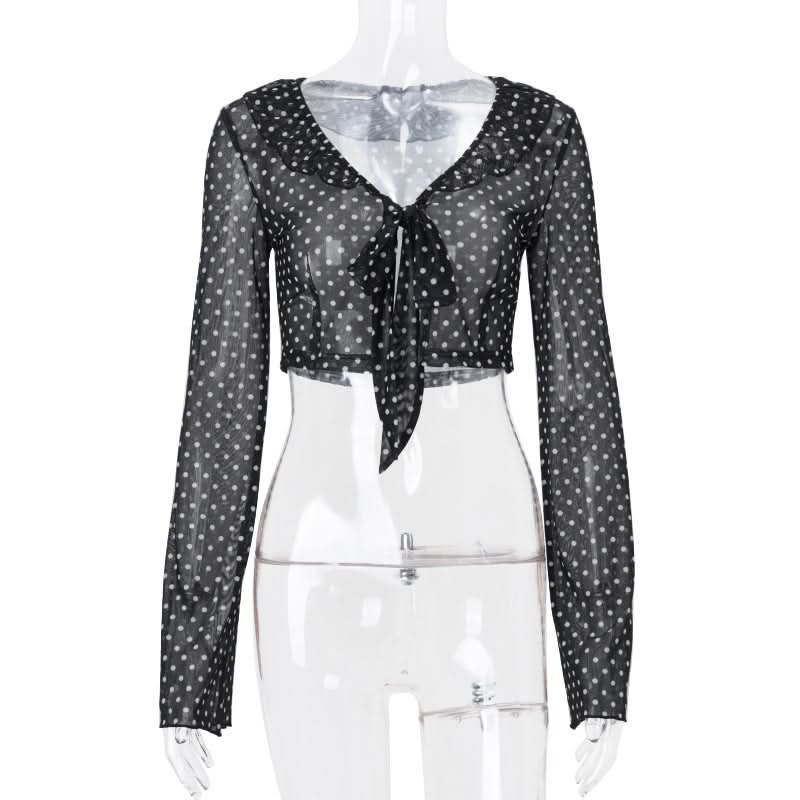 Retro Chic Sheer Polka Dot Tie-Front Crop Top | Women's Long Sleeve Fall Fashion