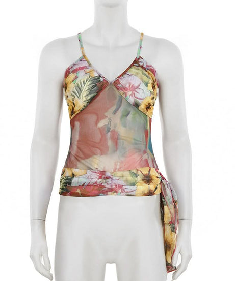 Effortless Fall Chic: Vibrant Floral Mesh Cami Top with Statement Tie
