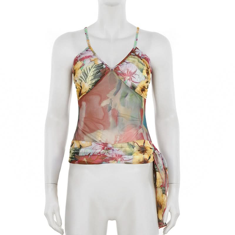 Effortless Fall Chic: Vibrant Floral Mesh Cami Top with Statement Tie