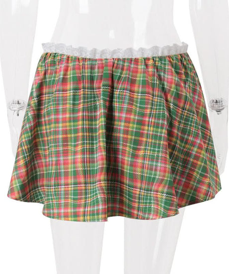 Chic Fall Plaid Mini Skirt with Sweet Lace Ruffle Waist - Festive A-Line Style