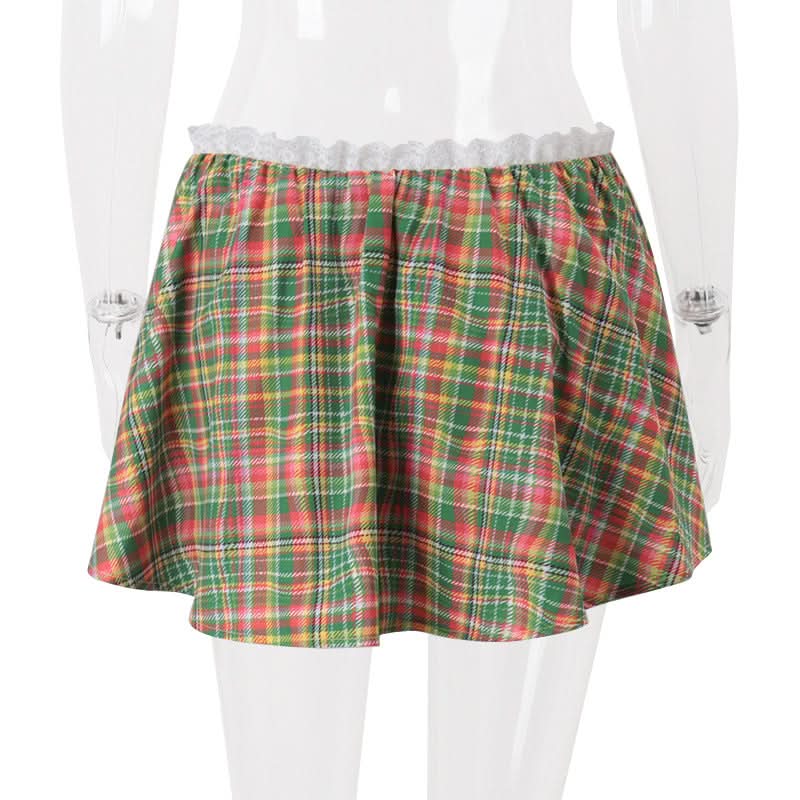 Chic Fall Plaid Mini Skirt with Sweet Lace Ruffle Waist - Festive A-Line Style