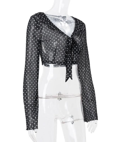 Retro Chic Sheer Polka Dot Tie-Front Crop Top | Women's Long Sleeve Fall Fashion