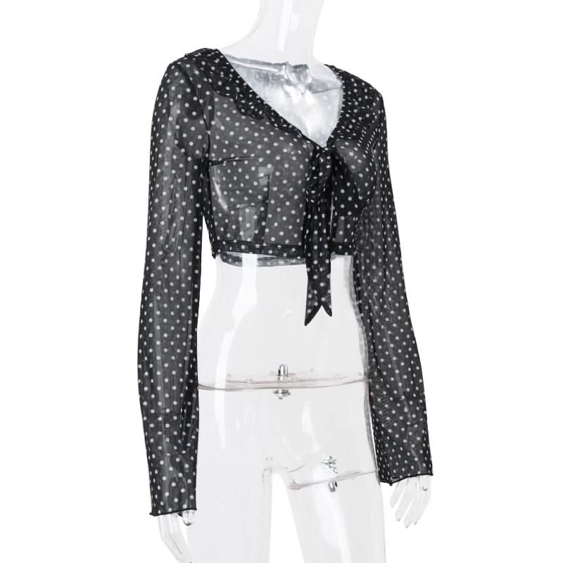 Retro Chic Sheer Polka Dot Tie-Front Crop Top | Women's Long Sleeve Fall Fashion