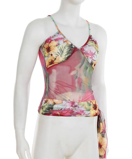 Effortless Fall Chic: Vibrant Floral Mesh Cami Top with Statement Tie