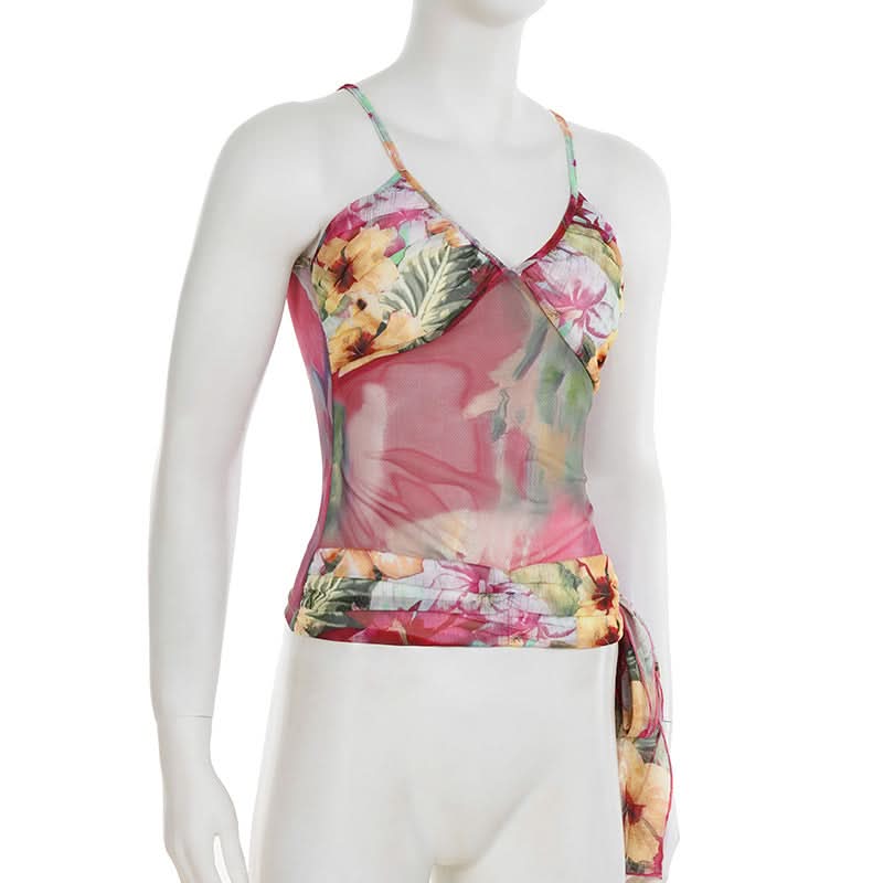 Effortless Fall Chic: Vibrant Floral Mesh Cami Top with Statement Tie