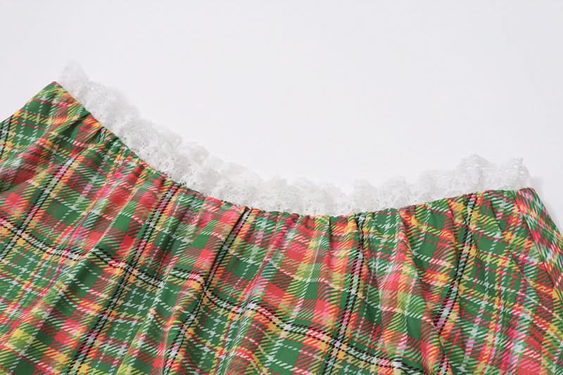 Chic Fall Plaid Mini Skirt with Sweet Lace Ruffle Waist - Festive A-Line Style